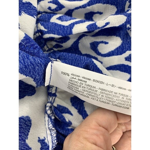 ZARA Blue Print Mini Dress Button Oversized Ruffle Peplum Pintuck Womens Large - Picture 8 of 12